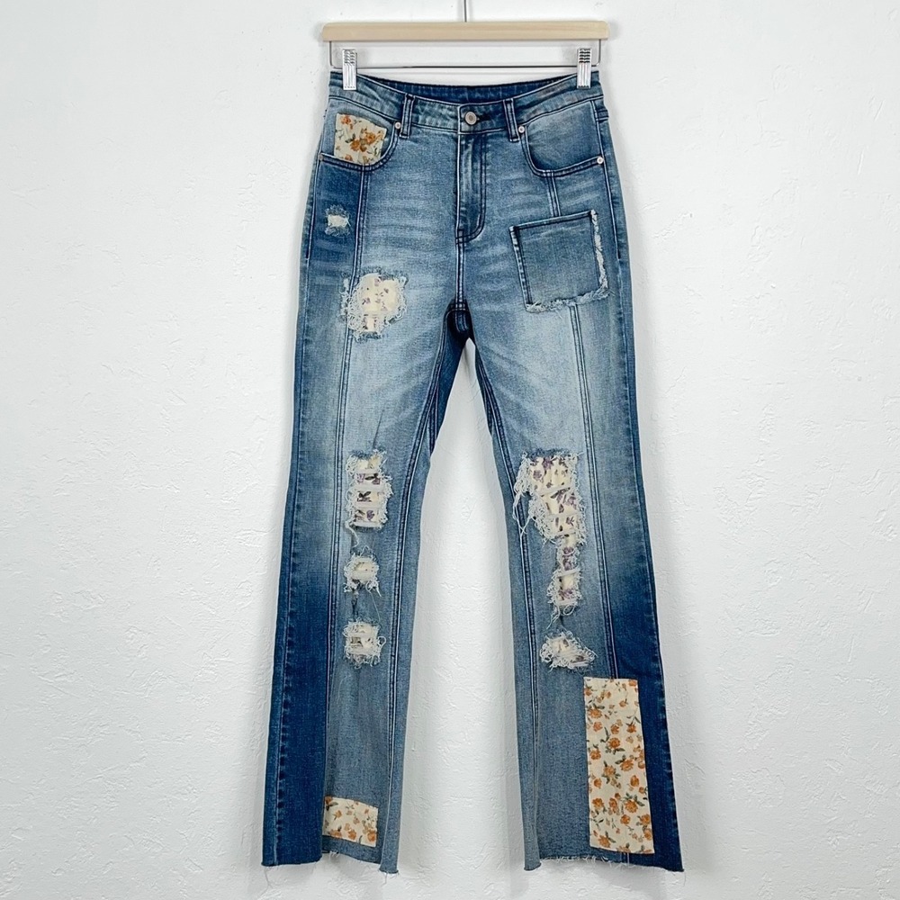 Festival Boho Flare Jeans Size 27 Distressed Floral Patchwork Mid Rise Raw Hem